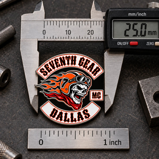 Seventh Gear Dallas one-inch motorcycle club enamel pin measured with a precision caliper.