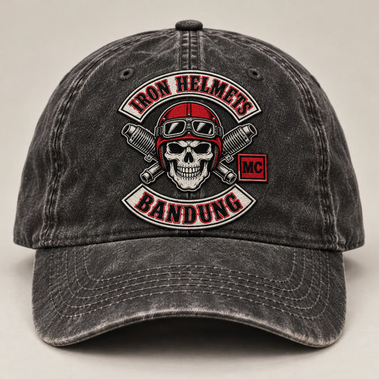 surface worn motorcycle club vintage dad hat with an authorized club logo.