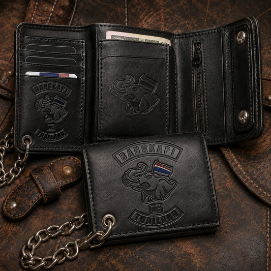 Trifold motorcycle club wallet with an authorized logo, card storage and traditional leather construction.