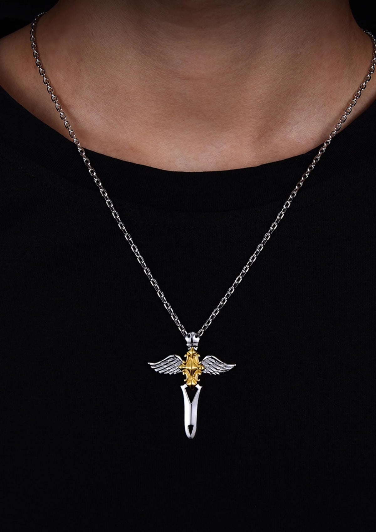 Two-Tone Angel Wing Cross Sterling Silver Biker Pendant — product detail view 5
