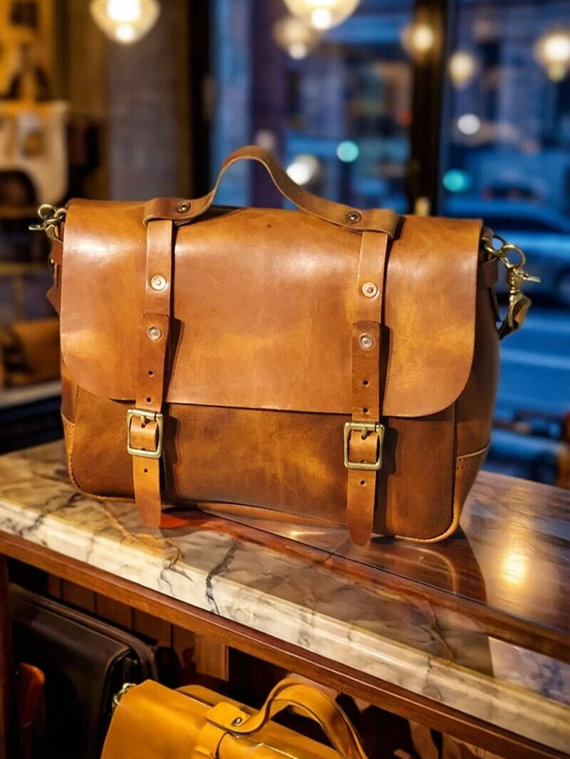 thick vegetable-tanned leather messenger bag 5