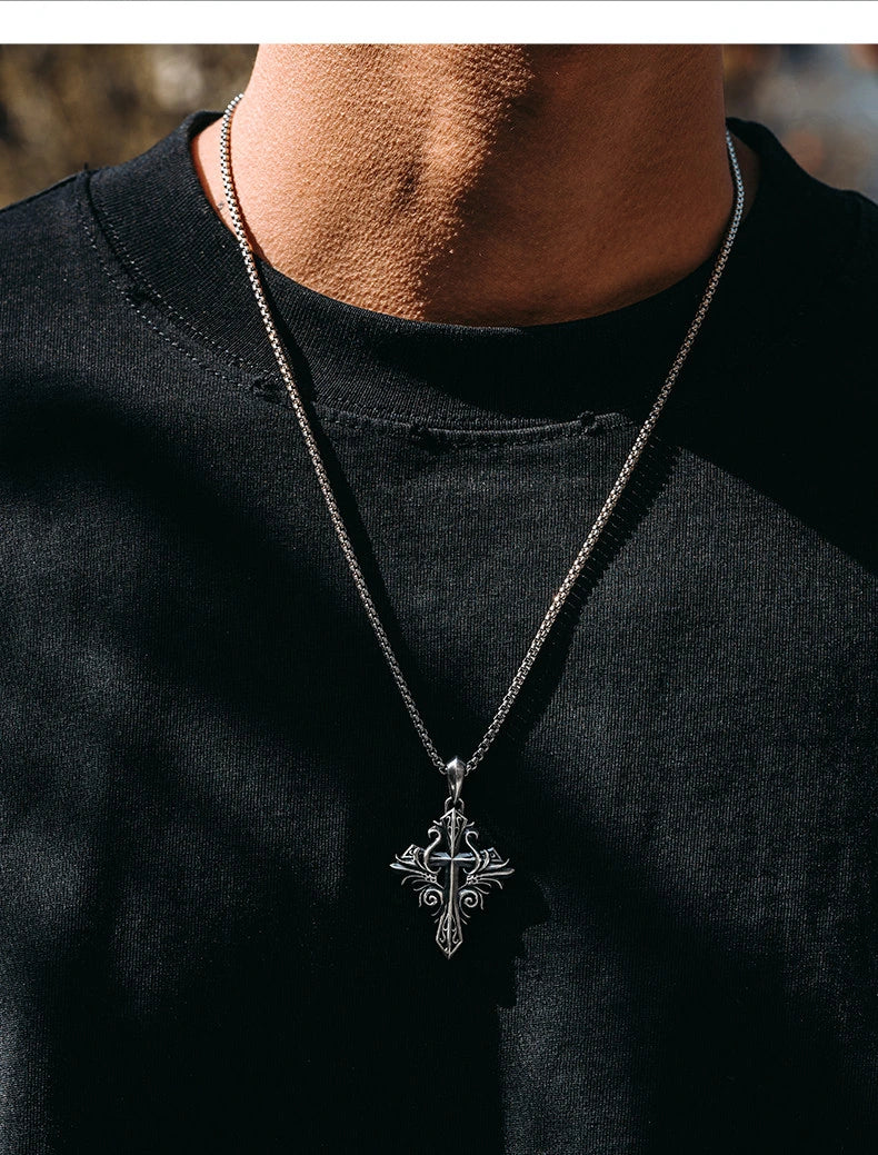 Vintage Fleur-de-Lis Cross Sterling Silver Biker Pendant — product detail view 5