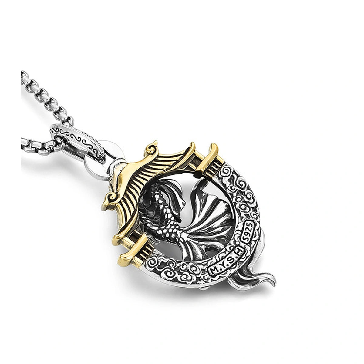 3D Koi Dragon Gate Sterling Silver Biker Pendant — side profile detail view