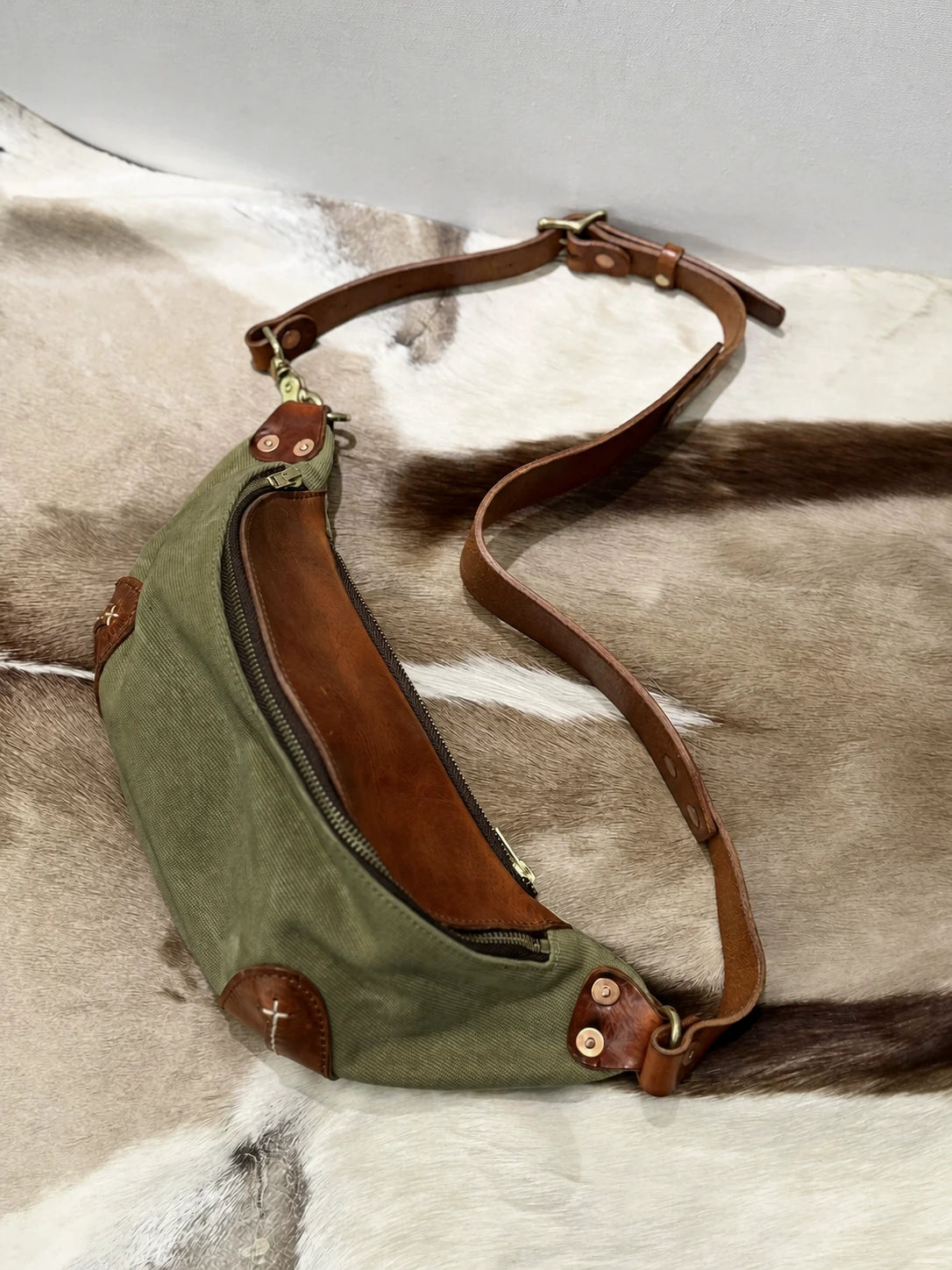 high-oil vegetable-tanned leather and canvas biker sling bag 6