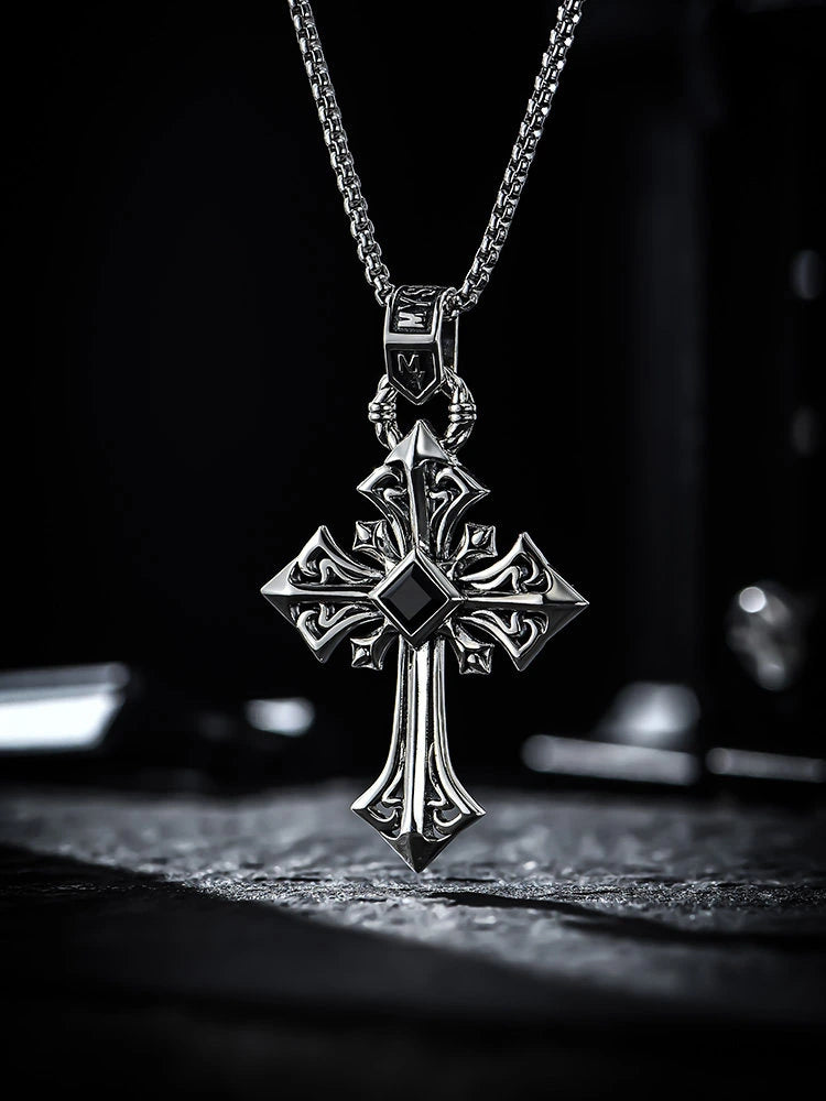 Black Onyx Large Cross Sterling Silver Biker Pendant — product detail view 6