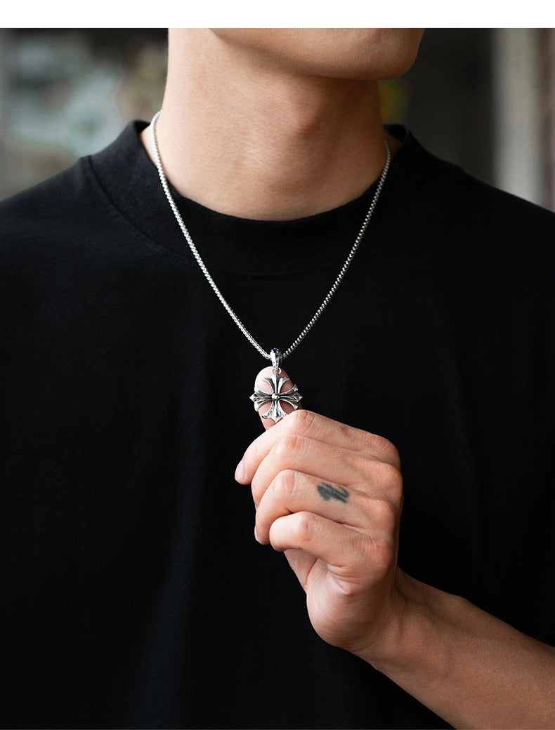 Fleur Cross Sterling Silver Biker Pendant — lifestyle detail view 6