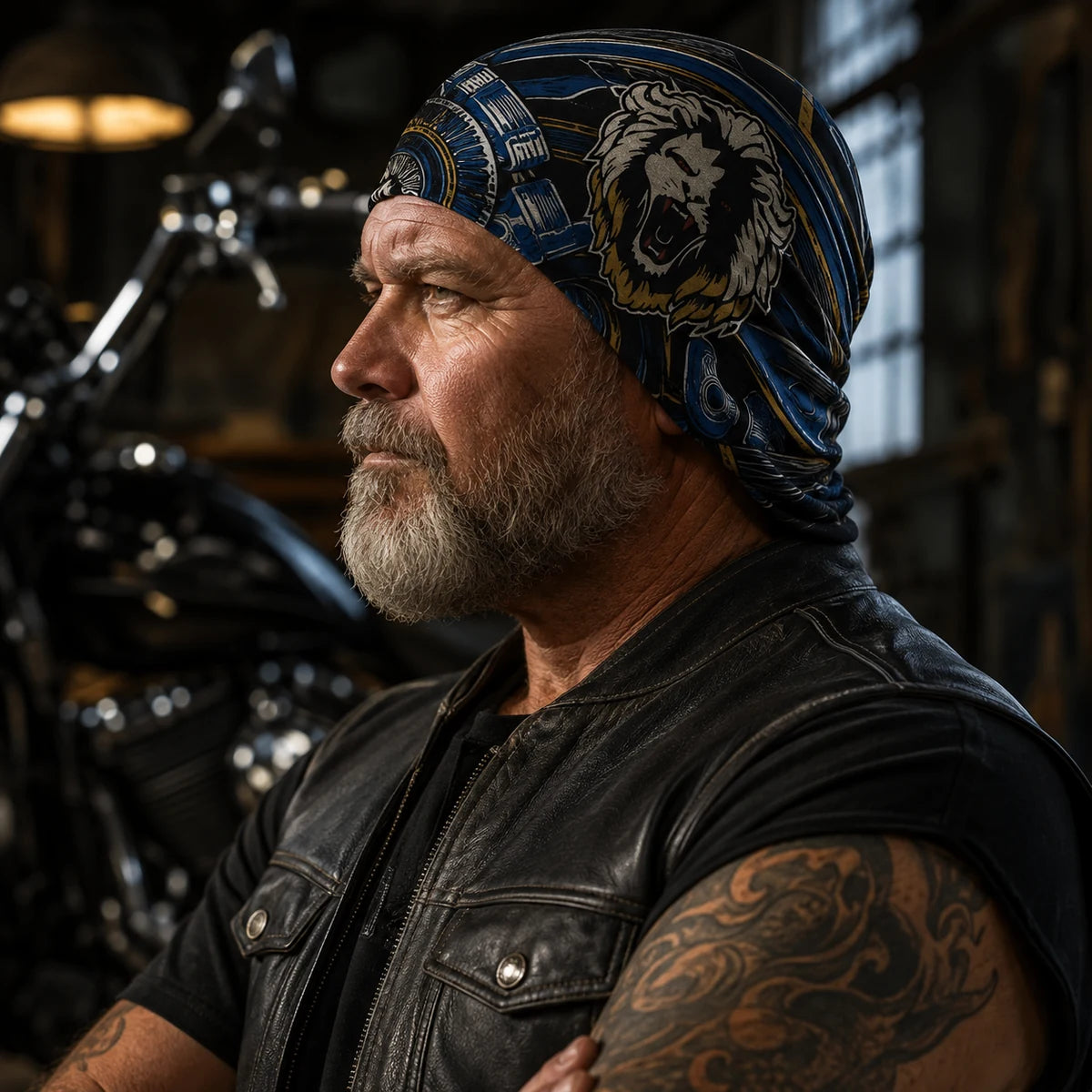 ワークショップで、トライバルライダースの公式エンブレムの入った特注のネックゲイターをヘッドカバーとして着用しているモーターサイクルクラブのメンバー。