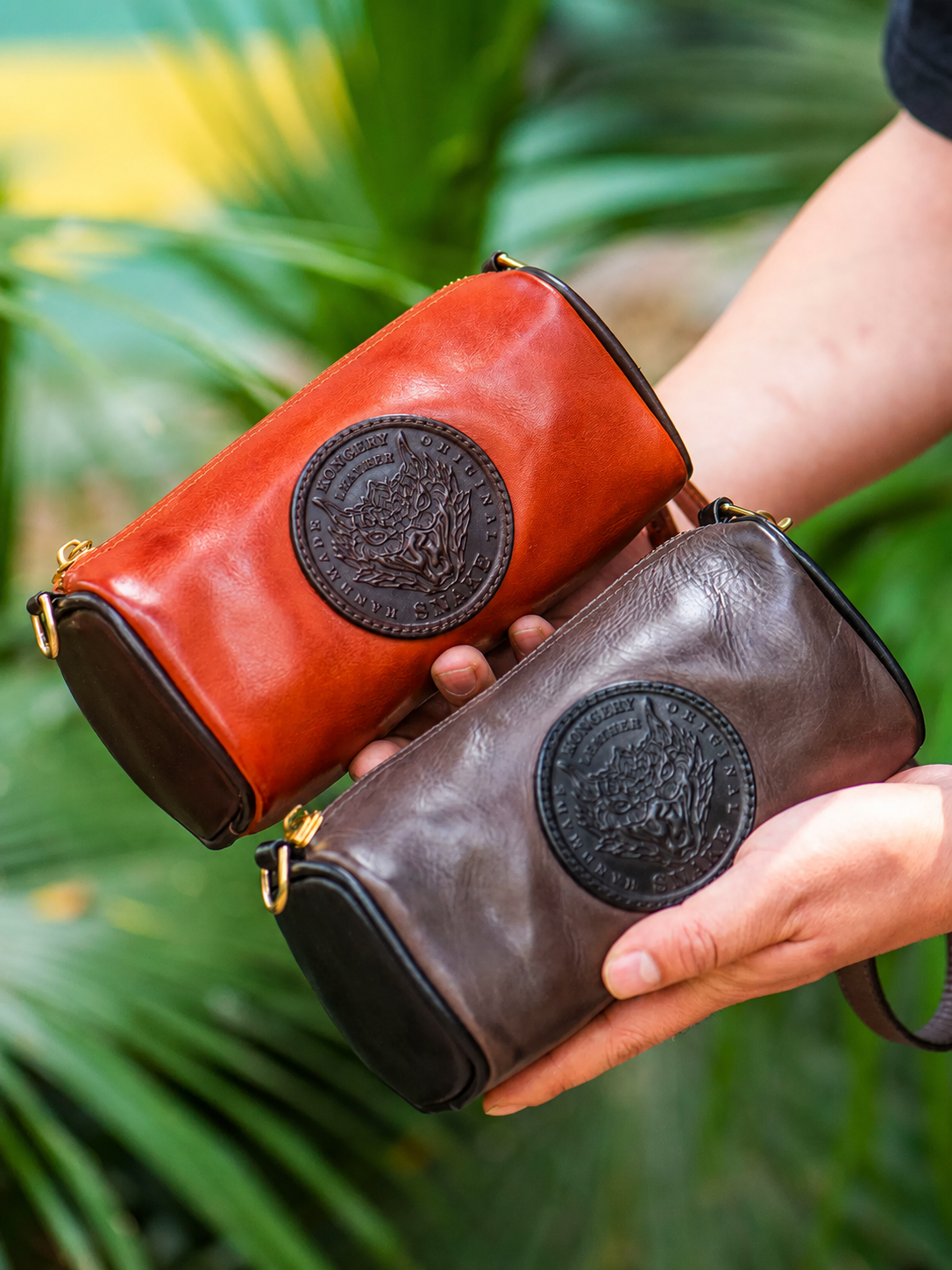 dragon emblem leather biker wristlet wallet lifestyle view