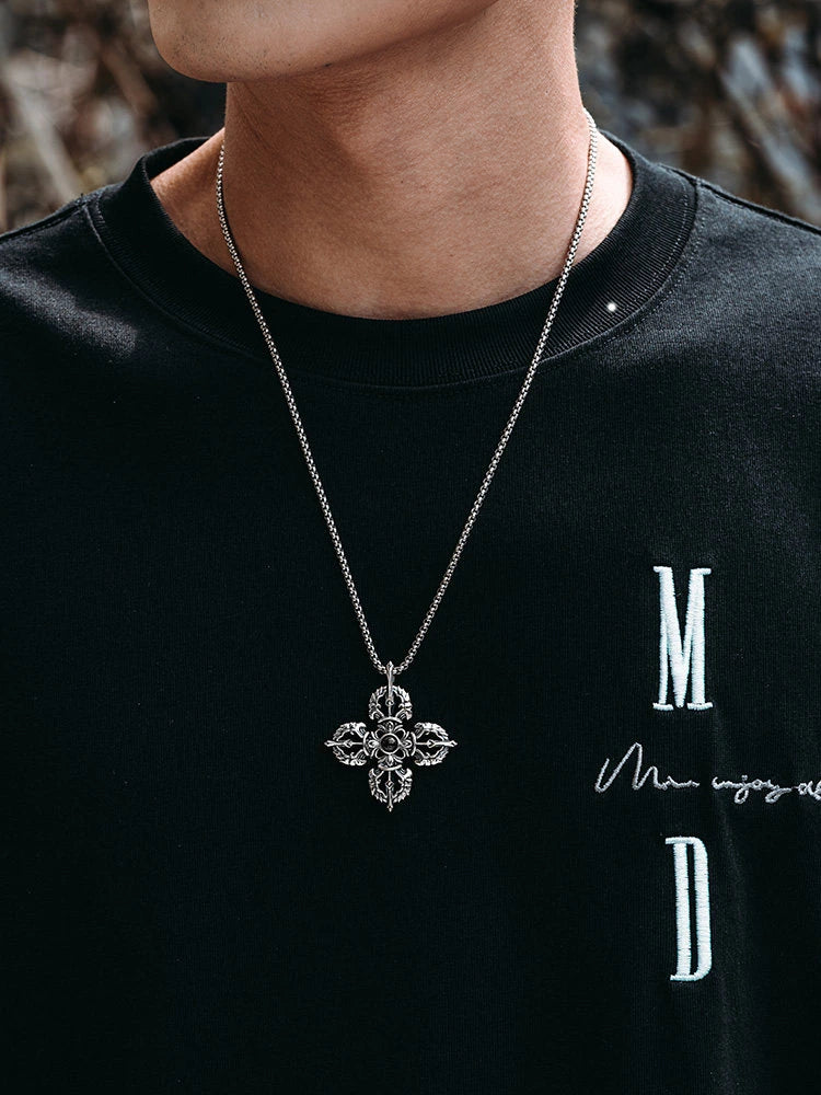 Micro-Engraved Vajra Cross Sterling Silver Biker Pendant — product detail view 6