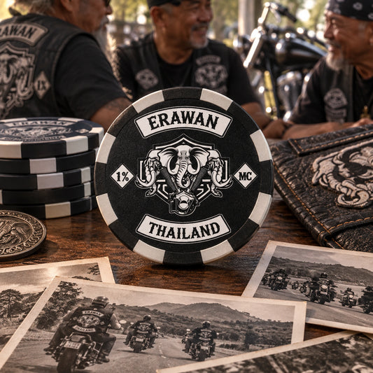 Solid anniversary poker chip celebrating a motorcycle club milestone.