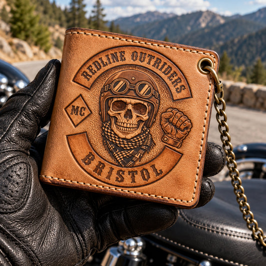 Compact vegetable-tanned rider wallet with hand-tooled Redline Outriders Bristol artwork.