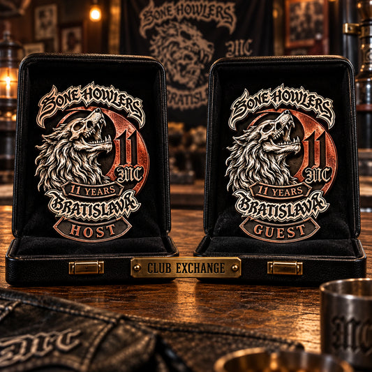 Custom anniversary pins exchanged with visiting clubs. rendered as a logo-derived white copper and red copper anniversary badge.