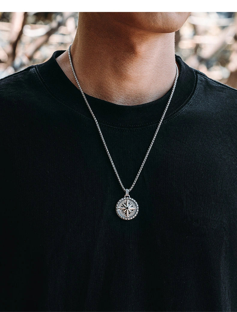 Rotating Compass Sterling Silver Biker Pendant — lifestyle detail view 6