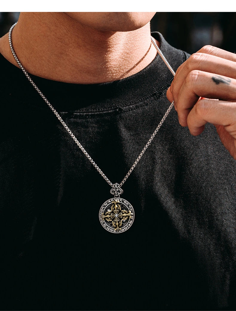 Rotating Mantra Vajra Sterling Silver Biker Pendant — lifestyle detail view 6
