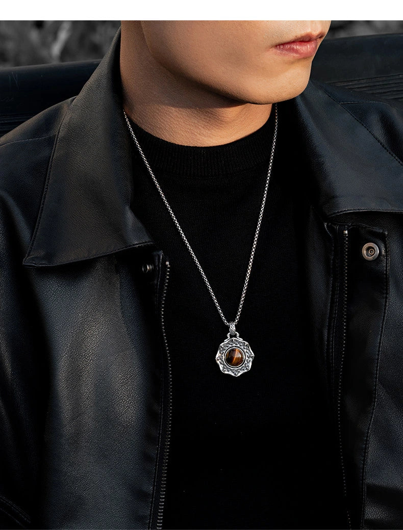 Rotating Tiger Eye Dragon Scale Sterling Silver Biker Pendant — lifestyle detail view 6