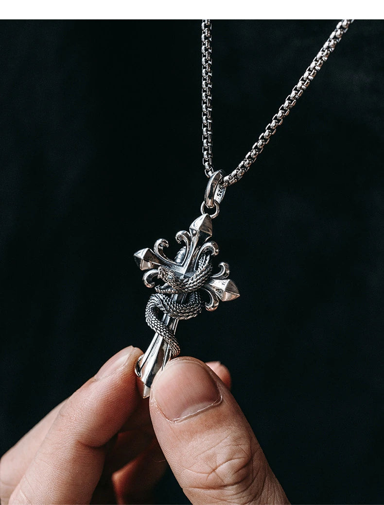 Serpent Fleur-de-Lis Sterling Silver Biker Pendant — lifestyle detail view 6