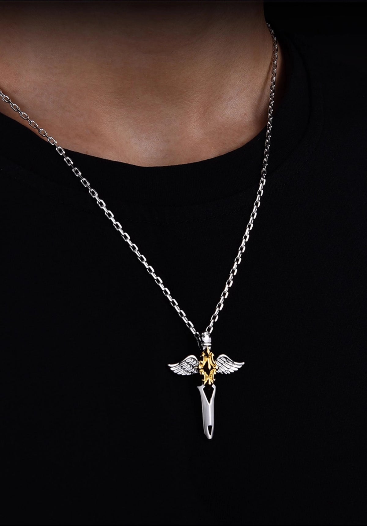 Two-Tone Angel Wing Cross Sterling Silver Biker Pendant — product detail view 6