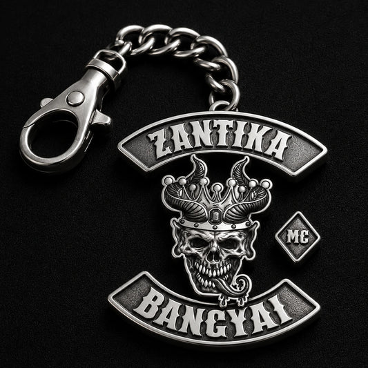 Premium 925 sterling silver motorcycle club keychain with oxidized monochrome relief and solid hardware.