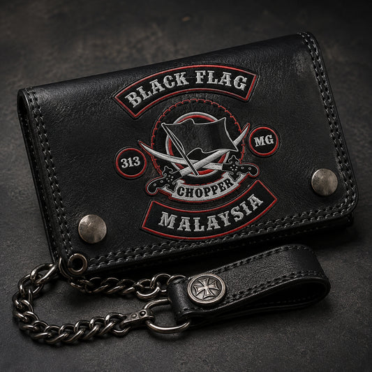 Black cowhide motorcycle club wallet with an authorized logo, clean stitching and traditional biker styling.