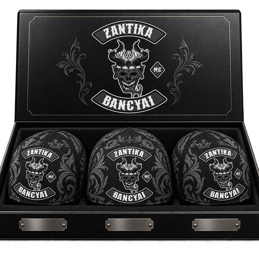 Anniversaries custom motorcycle club skull cap with an approved full-coverage club design.