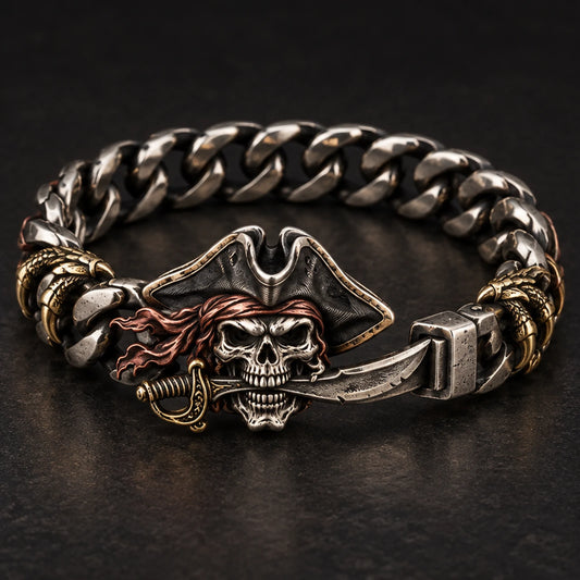 Fire Talons San Diego heavy chain bracelet with integrated pirate skull and saber clasp