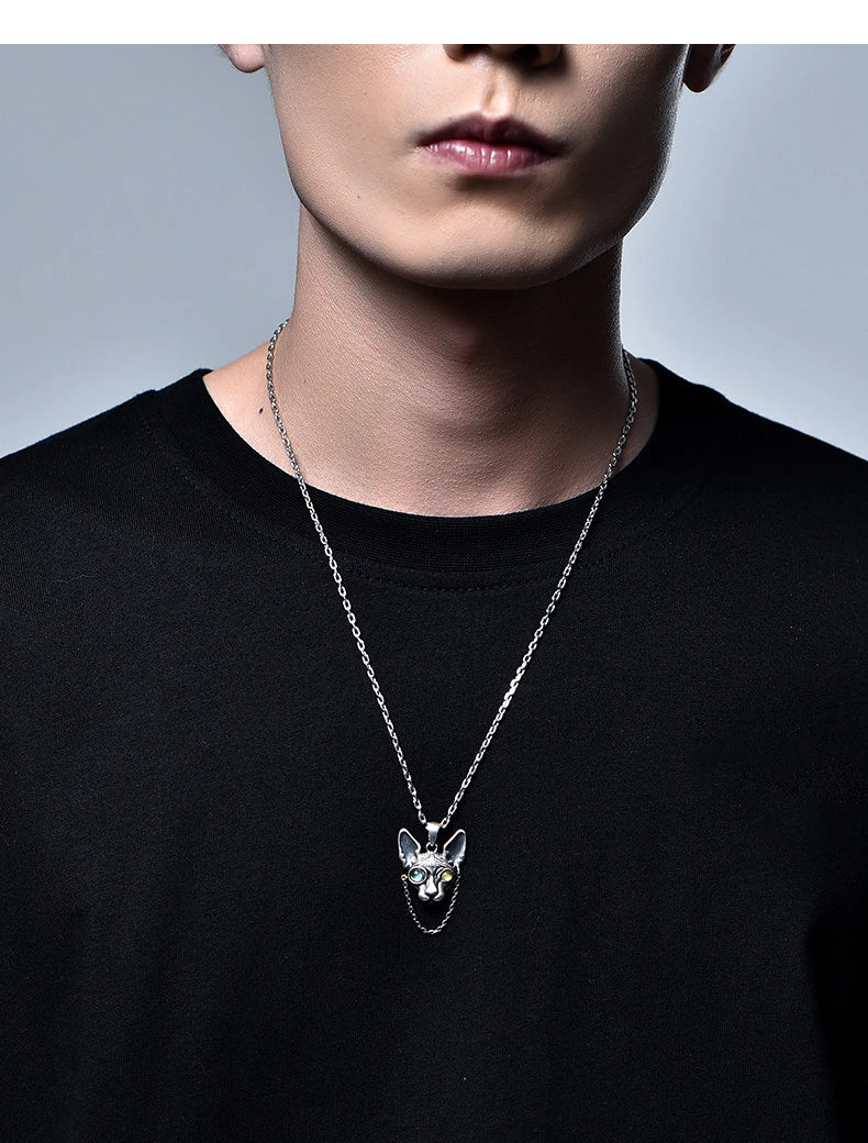 Mechanical Sphynx Cat Sterling Silver Biker Pendant — product detail view 7