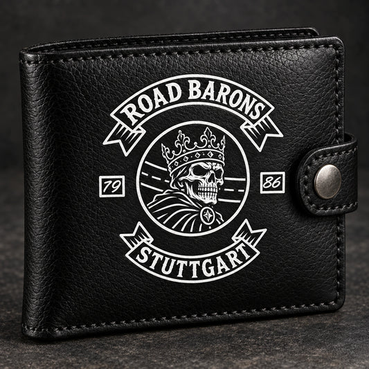 Black Cowhide shown as custom motorcycle club leather wallet gear with an authorized club emblem.