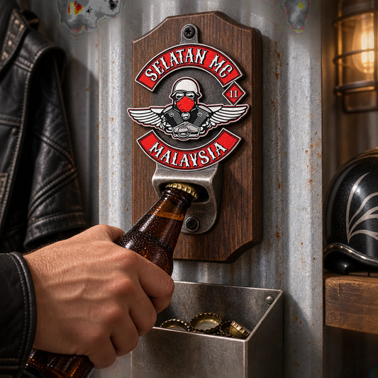 Solid wall-mounted motorcycle club bottle opener with a cap catcher in a clubhouse.