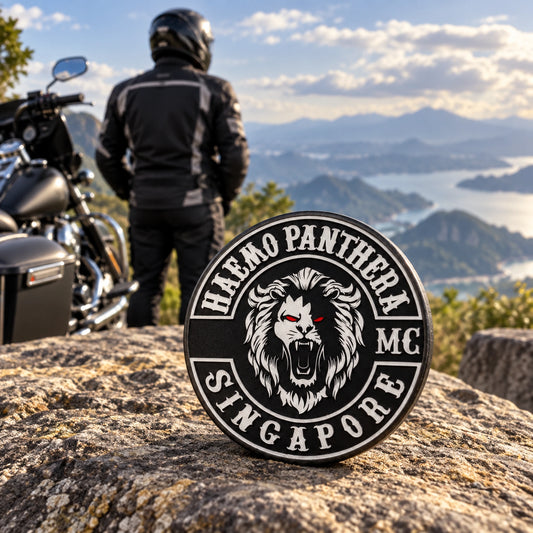 Solid ride-challenge poker chip held at a mountain destination checkpoint.
