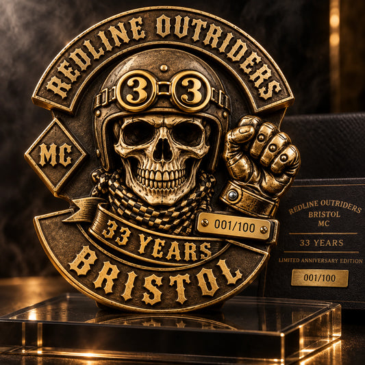 Custom a collectible anniversary-year limited edition. rendered as a logo-derived brass and 18k gold anniversary badge.