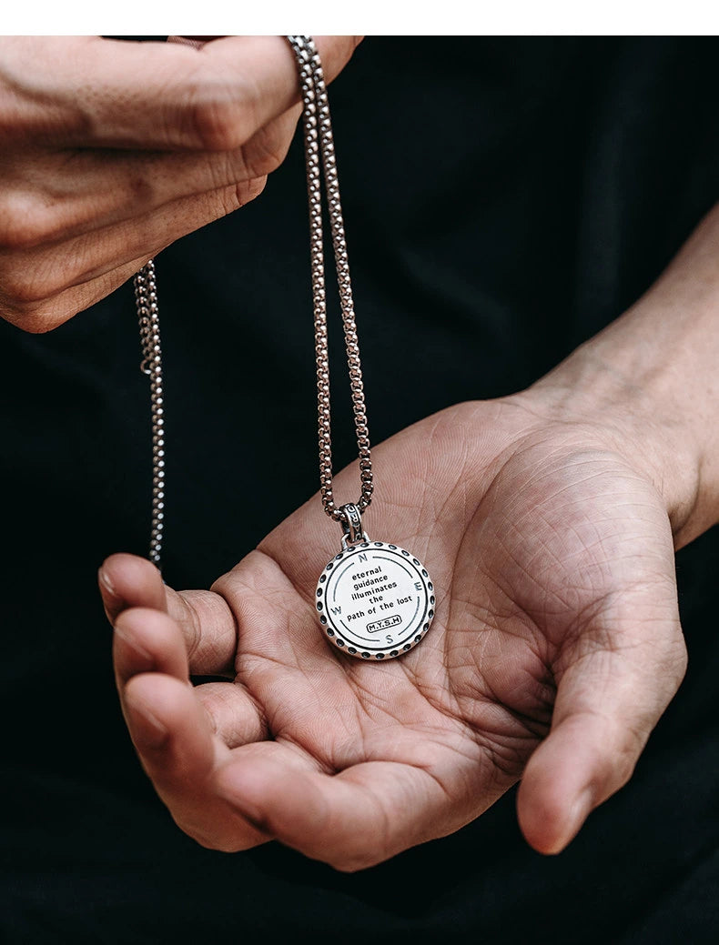 Rotating Compass Sterling Silver Biker Pendant — lifestyle detail view 7