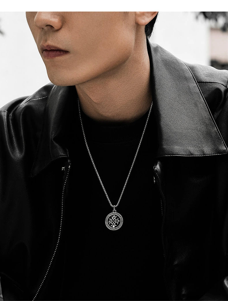 Rotating Fleur Cross Ring Sterling Silver Biker Pendant — lifestyle detail view 7
