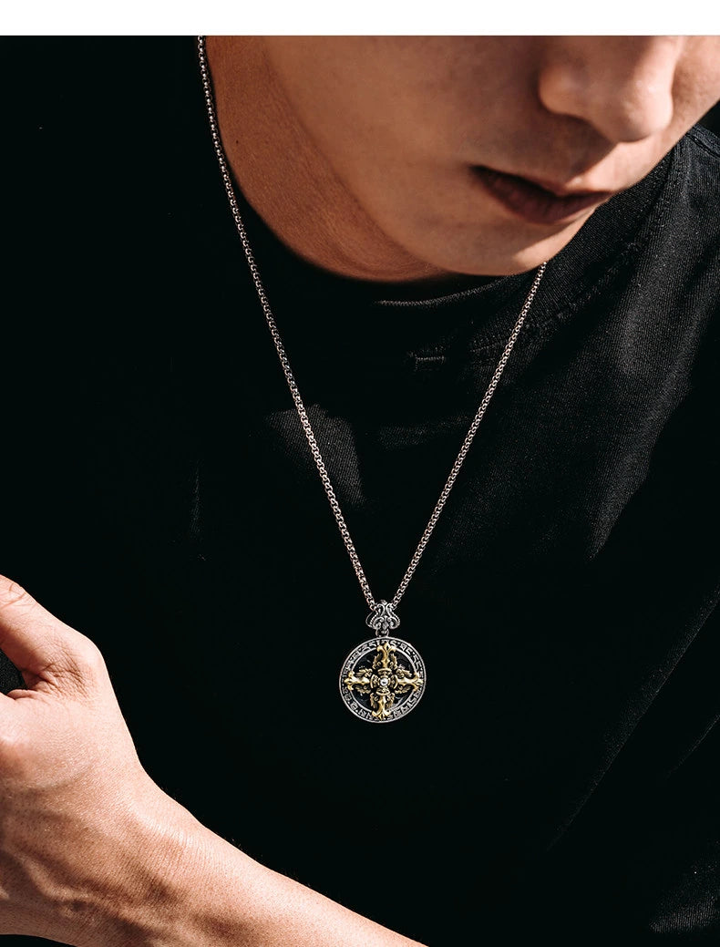 Rotating Mantra Vajra Sterling Silver Biker Pendant — lifestyle detail view 7