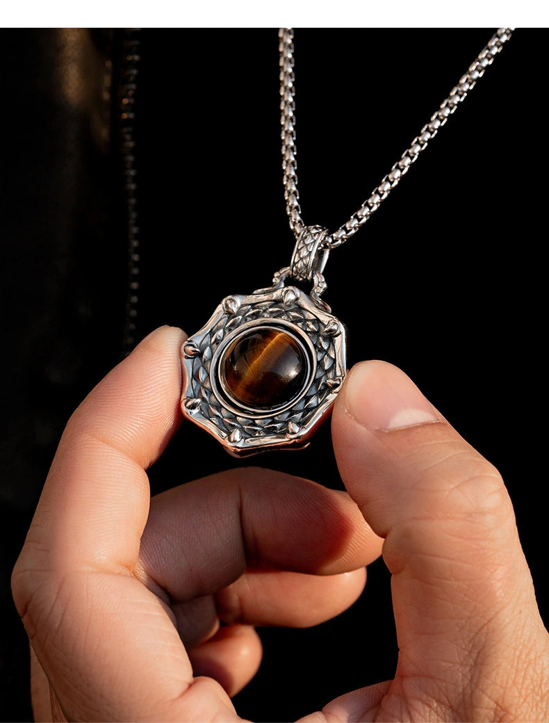 Rotating Tiger Eye Dragon Scale Sterling Silver Biker Pendant — lifestyle detail view 7