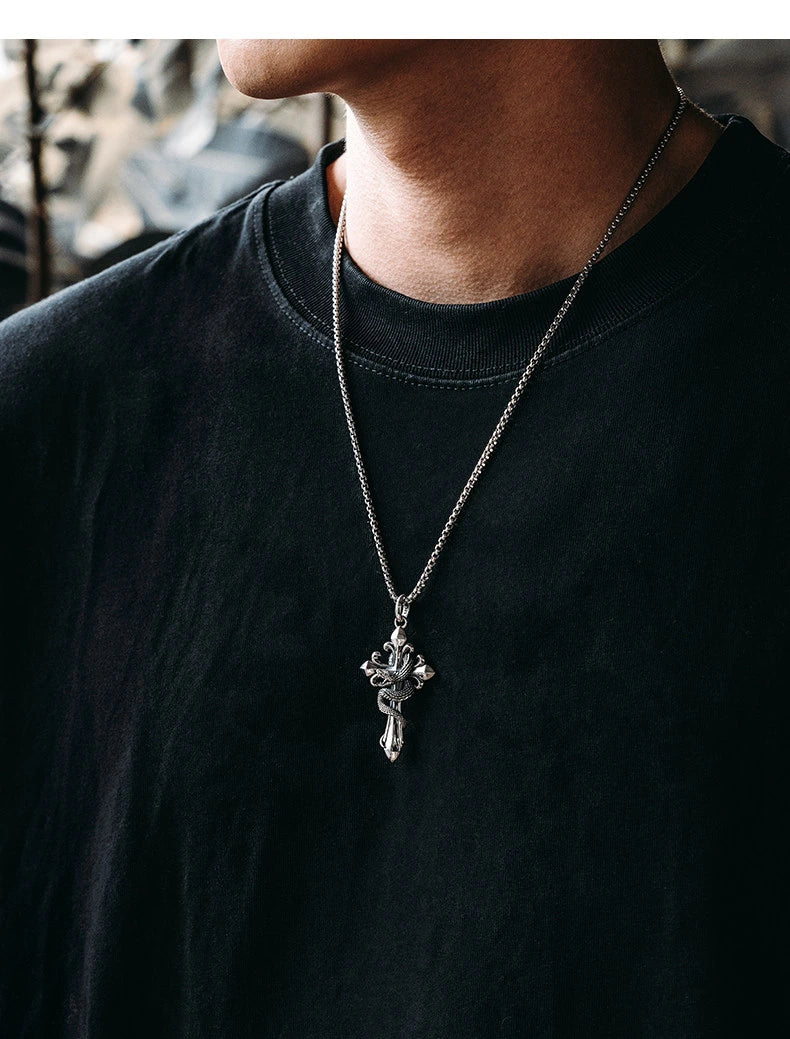 Serpent Fleur-de-Lis Sterling Silver Biker Pendant — lifestyle detail view 7