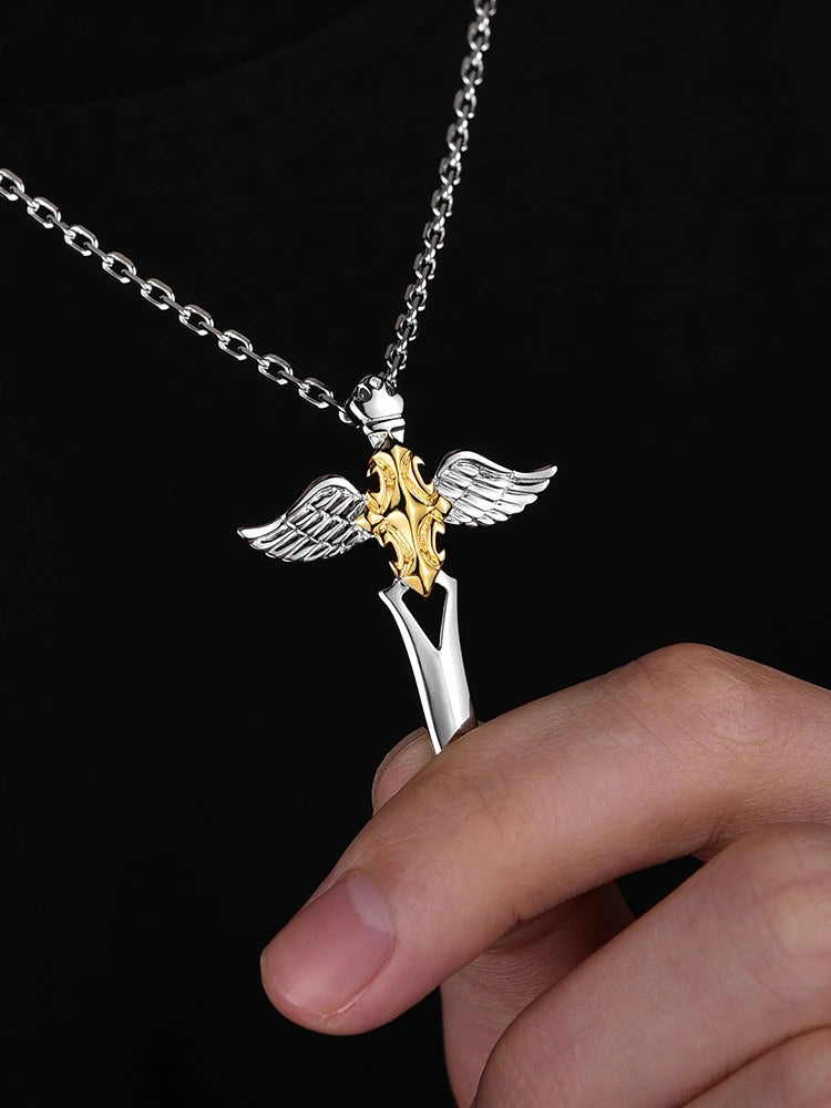 Two-Tone Angel Wing Cross Sterling Silver Biker Pendant — product detail view 7