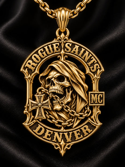 Sculptural solid 18K yellow gold Rogue Saints Denver motorcycle club pendant with a reliquary-inspired silhouette and matching chain.