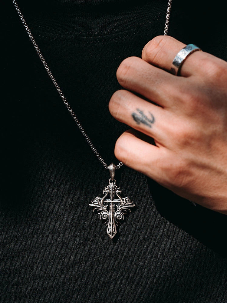 Vintage Fleur-de-Lis Cross Sterling Silver Biker Pendant — product detail view 7