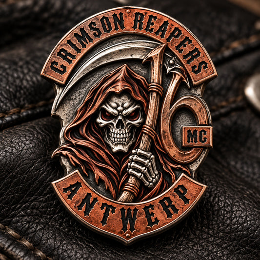 Custom classic compact metal anniversary pin. rendered as a logo-derived 925 sterling silver and red copper anniversary badge.
