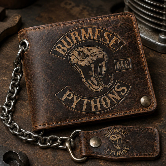 Distressed brown leather biker wallet with an authorized club logo and naturally worn road-ready finish.