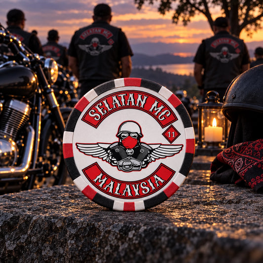 Solid memorial ride poker chip placed beside riding gloves in a respectful club tribute.