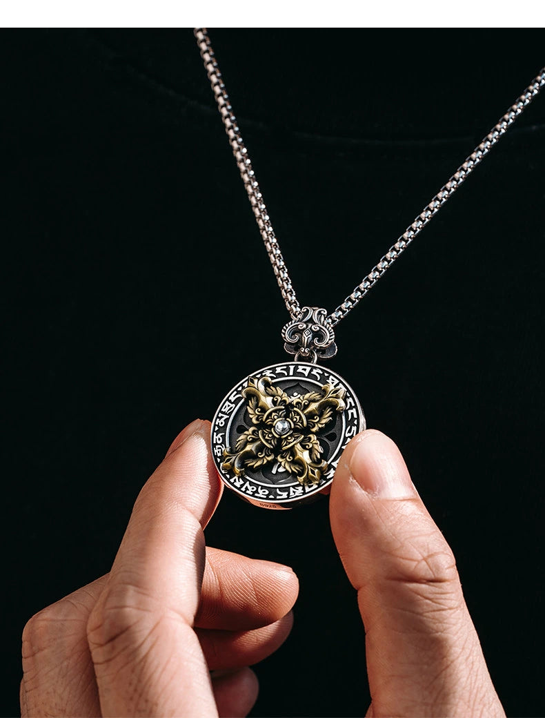 Rotating Mantra Vajra Sterling Silver Biker Pendant — lifestyle detail view 8