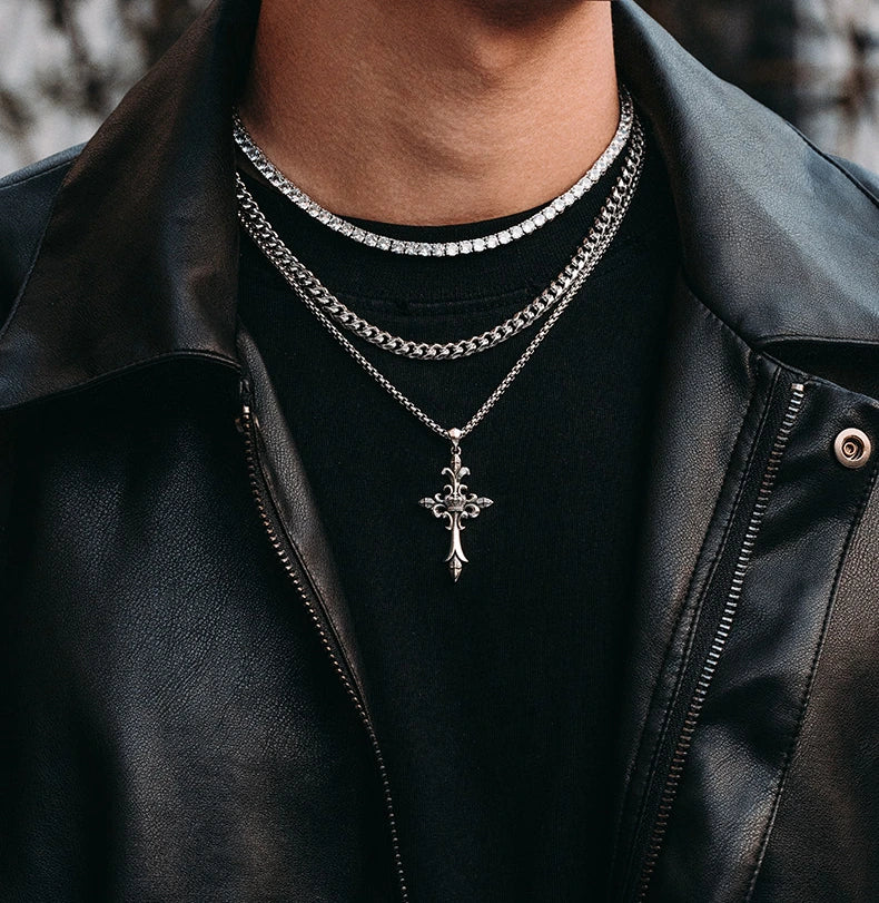 Royal Fleur Cross Sterling Silver Biker Pendant — lifestyle detail view 8