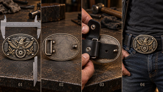 Roaming Wheels club buckle shown through front measurement, rear hardware, removable-belt attachment and realistic waist fit.