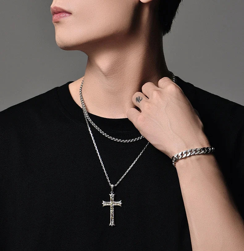 Tree of Life Cross Sterling Silver Biker Pendant — lifestyle detail view 8