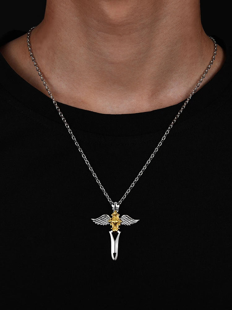 Two-Tone Angel Wing Cross Sterling Silver Biker Pendant — product detail view 8