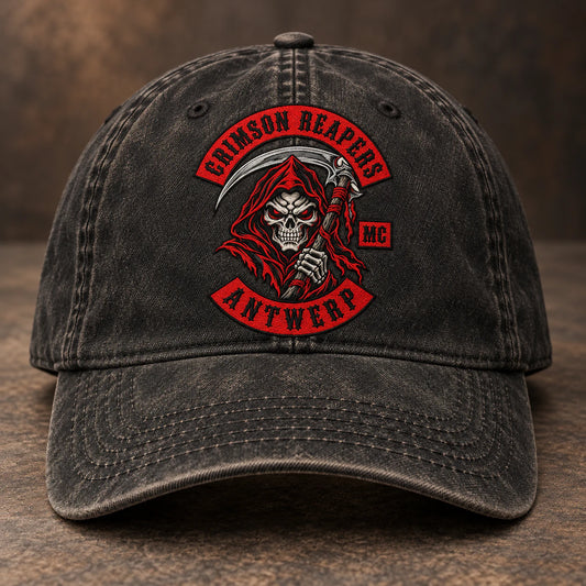 washed cotton twill motorcycle club vintage dad hat with an authorized club logo.