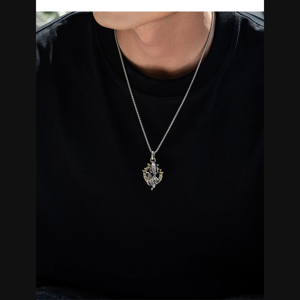 3D Koi Dragon Gate Sterling Silver Biker Pendant — on-body lifestyle view