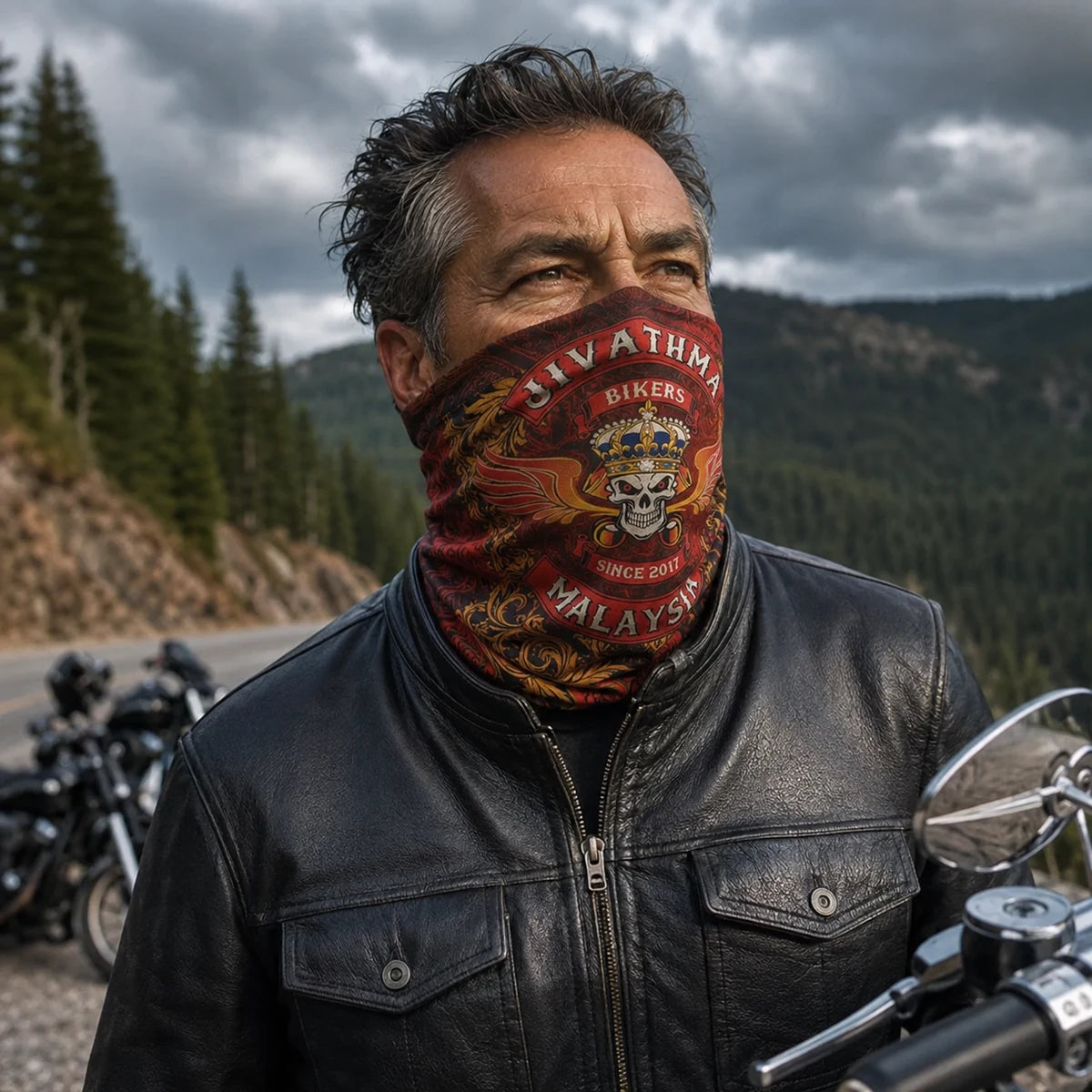 ロードキャプテンは、クルーザーの隣で、公式のジヴァトマのエンブレムが入ったオールシーズンのモーターサイクルクラブネックゲイターを着用している。
