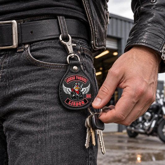 Motorcycle club rider carrying a custom leather logo keychain from a belt loop with a trigger snap.